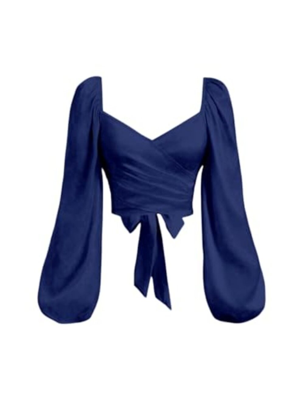 Women's Satin Crop Top Lantern Long Sleeve Wrap Ruched Bow Tie Blouse